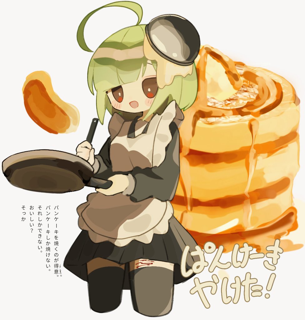 ahoge apron bleeding blood blush bowl brown_eyes cropped_legs dress flipping_food food food-themed_hair_ornament frying_pan green_hair hair_ornament holding holding_frying_pan holding_pan injury long_sleeves looking_at_viewer maid nto_nto15 open_mouth original pancake pancake_stack self-harm short_hair smile syrup thighhighs translation_request