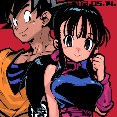 1boy 1girl black_eyes black_hair breasts chi-chi_(dragon_ball) chinese_clothes closed_mouth dougi dragon_ball dragon_ball_(classic) fujimoto_hideaki long_hair looking_at_viewer lowres simple_background smile son_goku spiked_hair