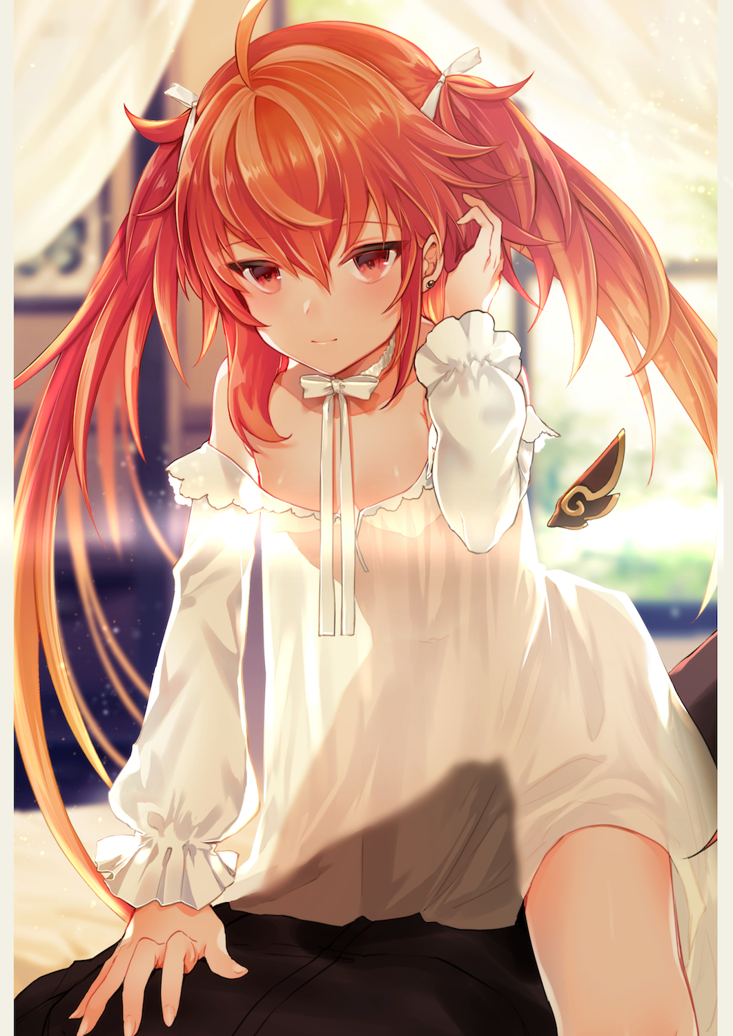 1girl 1other adjusting_hair ahoge bedroom blurry bow bowtie breasts closed_mouth depth_of_field dress earrings fate/grand_order fate/grand_order_arcade fate_(series) hair_bow highres jewelry light_blush light_smile long_hair long_sleeves looking_at_viewer orange_hair pillarboxed red_eyes satoimo_(3311_mi) see-through see-through_dress sita_(fate) sitting sitting_on_person small_breasts smile solo_focus white_bow white_dress
