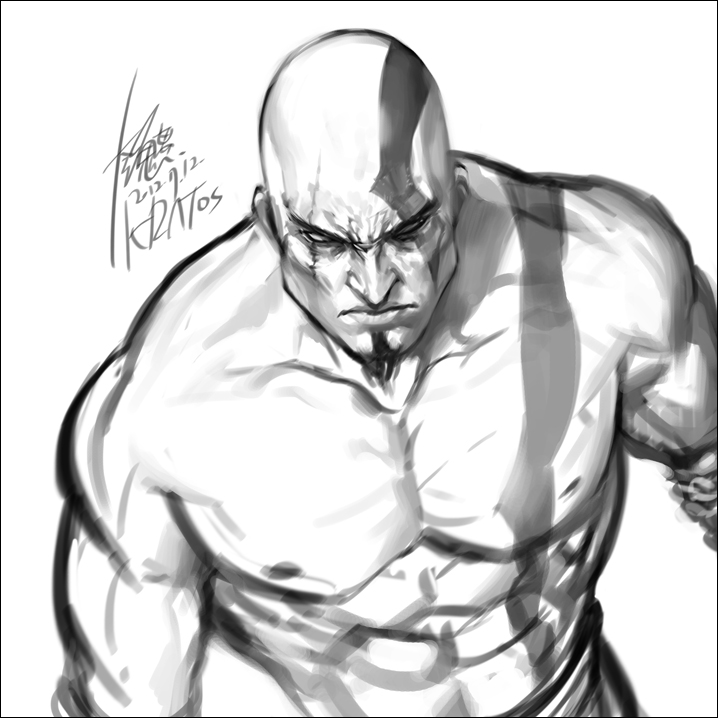 1boy abs bald facial_hair from_above frown goatee god_of_war greyscale kratos large_pectorals male_focus mature_male monochrome muscular muscular_male nipples pectorals scar scar_across_eye serious short_hair sideburns solo stomach topless_male unfinished yi_lee