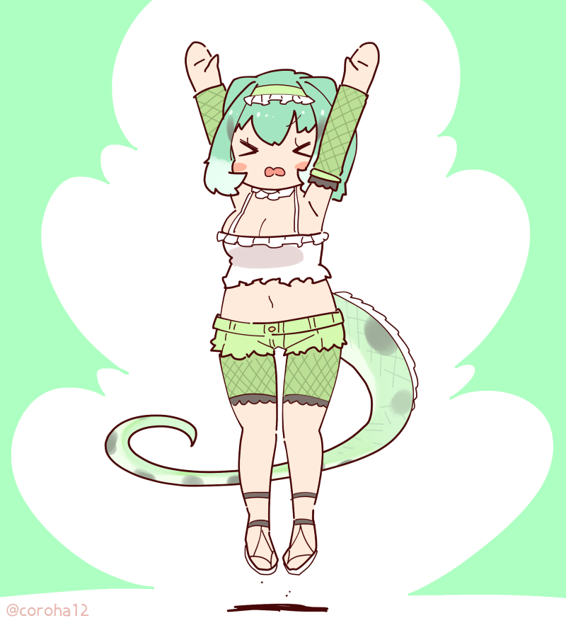 1girl arms_up camisole chinese_water_dragon_(kemono_friends) choker closed_eyes coroha elbow_gloves full_body gloves green_background green_hair jumping kemono_friends kemono_friends_3 lizard_tail looking_at_viewer navel sandals short_hair shorts simple_background solo tail