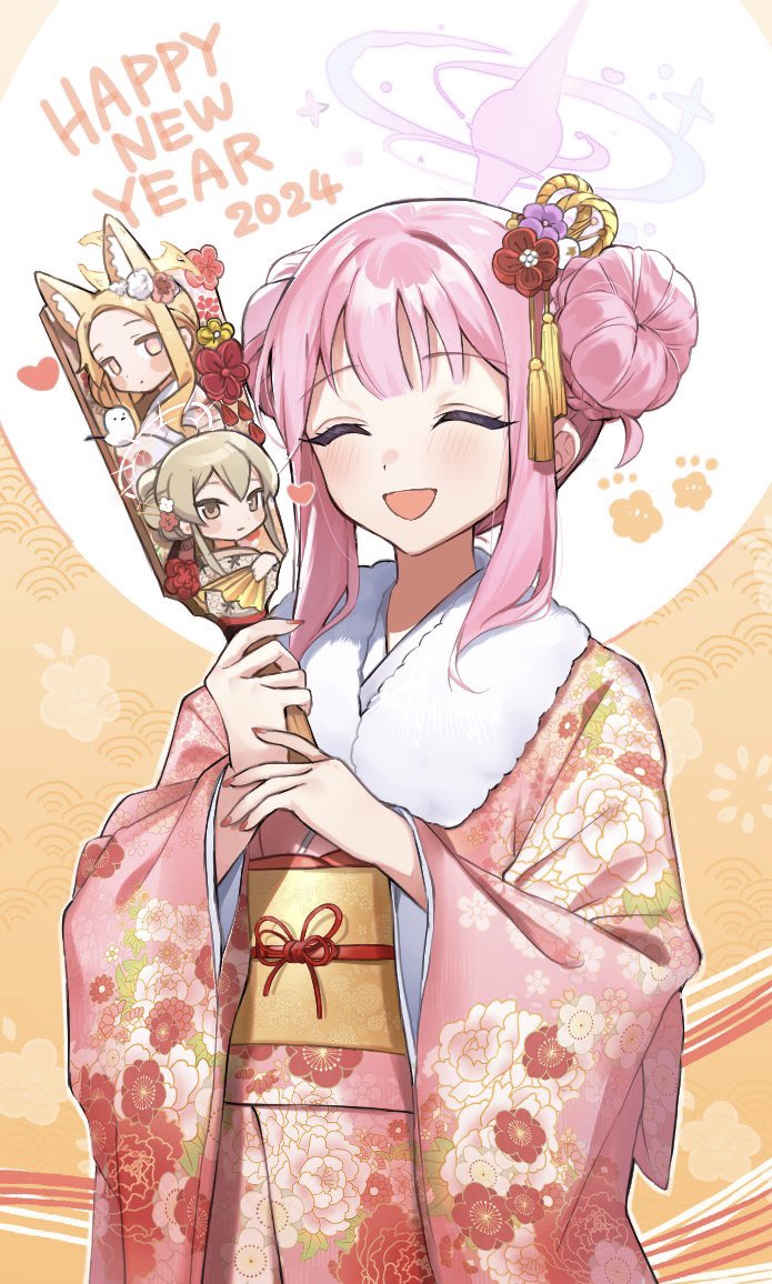 1girl 2024 bird blue_archive blush chipietsu closed_eyes double_bun floral_print hagoita hair_bun hair_ornament halo happy_new_year heart holding japanese_clothes kimono long_sleeves mika_(blue_archive) nagisa_(blue_archive) obi open_mouth paddle pink_hair pink_kimono sash seia_(blue_archive) simple_background tassel wide_sleeves