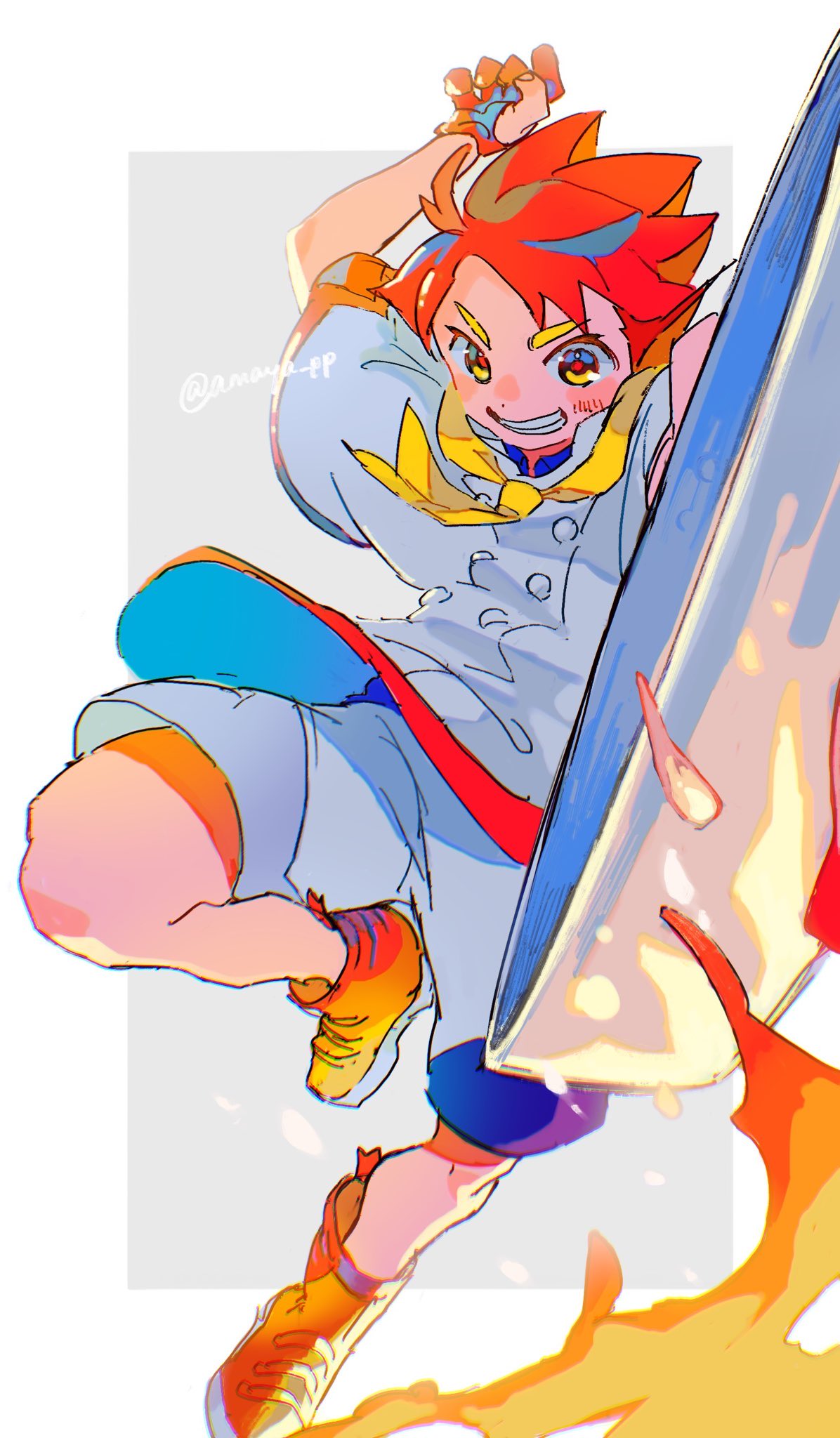 1boy ahoge amaya_uw arm_up ascot blue_shirt blush border buttons commentary_request crispin_(pokemon) fire frying_pan gloves grey_background grin highres holding holding_frying_pan jacket looking_down male_focus orange_footwear pokemon pokemon_sv red_hair shirt shoes short_hair shorts smile solo teeth twitter_username white_border yellow_ascot