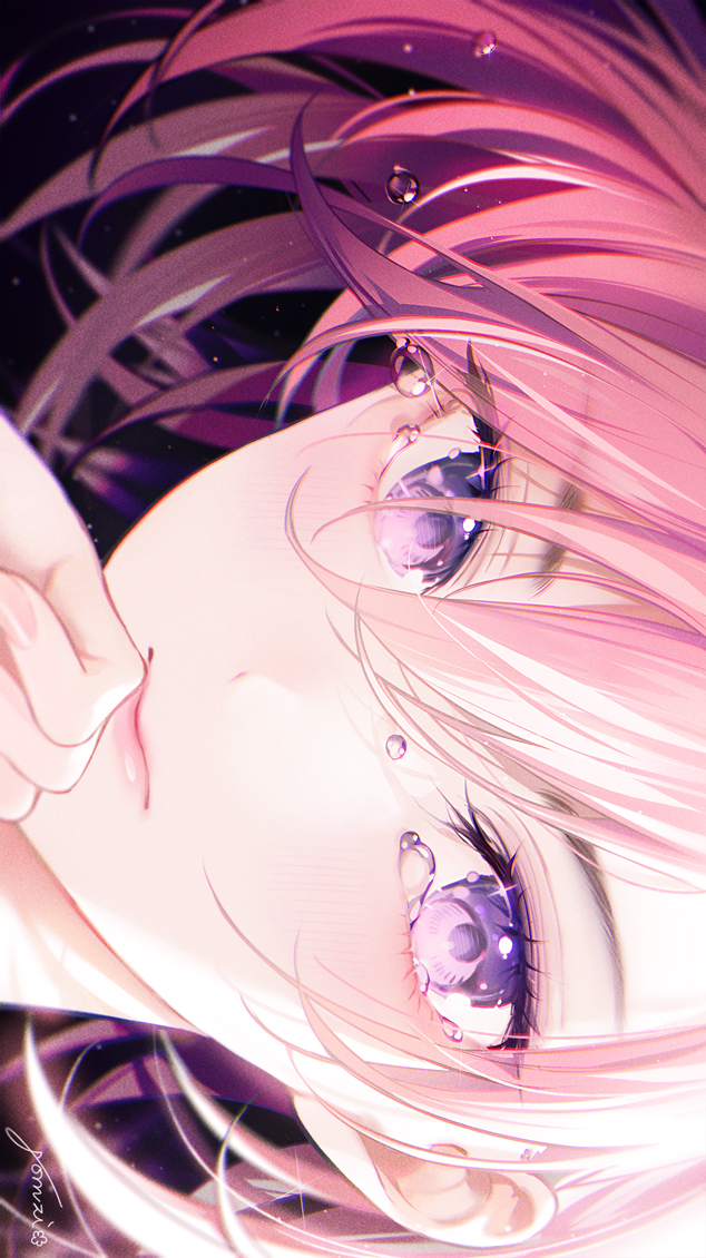 1girl black_background blush close-up closed_mouth crying crying_with_eyes_open eye_focus eyebrows_visible_through_hair eyelashes face flying_teardrops gomzi hair_between_eyes hand_to_own_mouth lips looking_at_viewer original pink_hair purple_eyes sideways signature solo tears