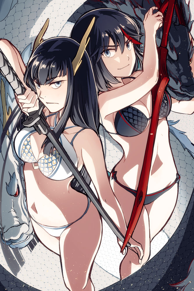 2girls alternate_costume bikini black_bikini black_hair blue_eyes breasts chinese_zodiac cleavage closed_mouth commentary_request criss-cross_halter dragon eastern_dragon hair_between_eyes halterneck kill_la_kill kiryuuin_satsuki large_breasts long_hair matoi_ryuuko multicolored_hair multiple_girls navel red_hair ren_mizuha scissor_blade_(kill_la_kill) serious short_hair smile streaked_hair swimsuit white_bikini year_of_the_dragon