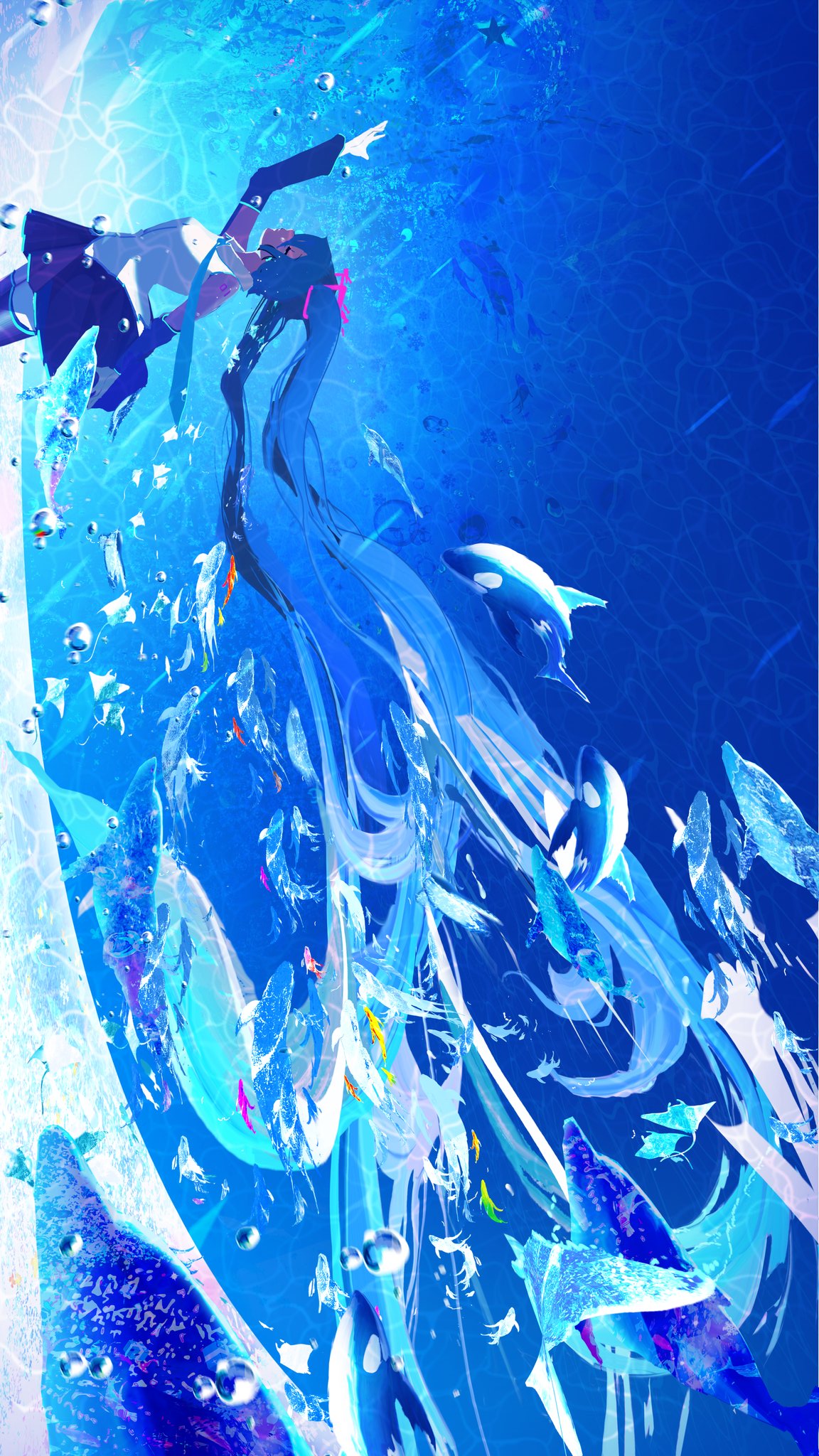 1girl black_skirt black_sleeves blue_hair bubble closed_eyes commentary_request cowboy_shot detached_sleeves dolphin facing_away film_grain fish hand_up hatsune_miku highres long_hair looking_up makoron117117 orca scenery shirt skirt sleeveless sleeveless_shirt solo underwater very_long_hair vocaloid white_shirt