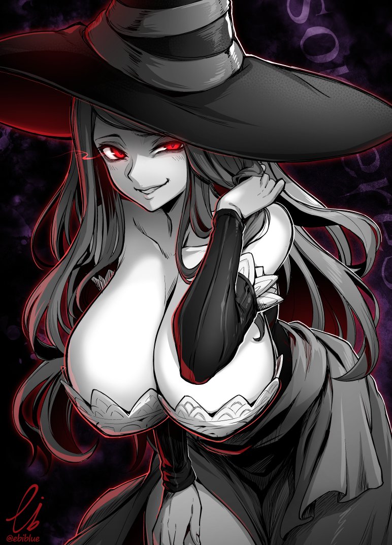 1girl breasts cleavage collarbone commission detached_sleeves dragon's_crown dress ebiblue gesugao greyscale hand_in_own_hair hand_on_own_thigh hat huge_breasts leaning_forward long_hair monochrome red_eyes signature skeb_commission solo sorceress_(dragon's_crown) spot_color twitter_username witch witch_hat
