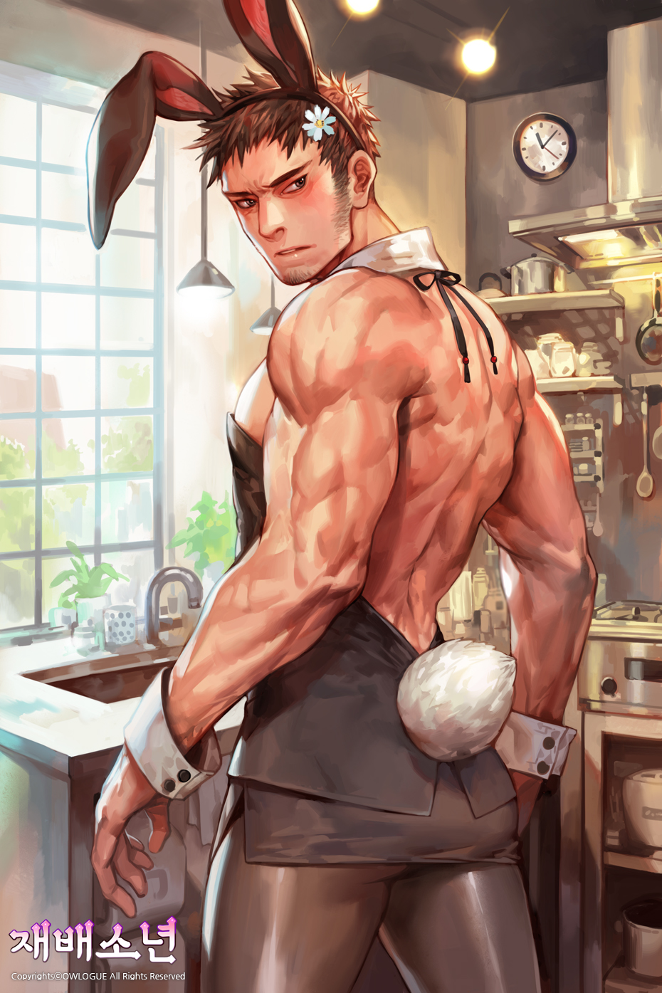 1boy animal_ears apron ass bara bare_back black_leotard black_pantyhose blush cafeteria character_request check_copyright copyright_request crossdressing fake_animal_ears feet_out_of_frame flower goatee_stubble hair_flower hair_ornament highres kitchen latex latex_legwear leotard long_sideburns looking_back male_focus male_playboy_bunny mature_male muscular muscular_male official_art pantyhose pectorals rabbit_ears rabbit_tail short_hair sideburns sideburns_stubble sidepec solo standing tail tekken thighs turning_head waist_apron white_flower wrist_cuffs yi_lee