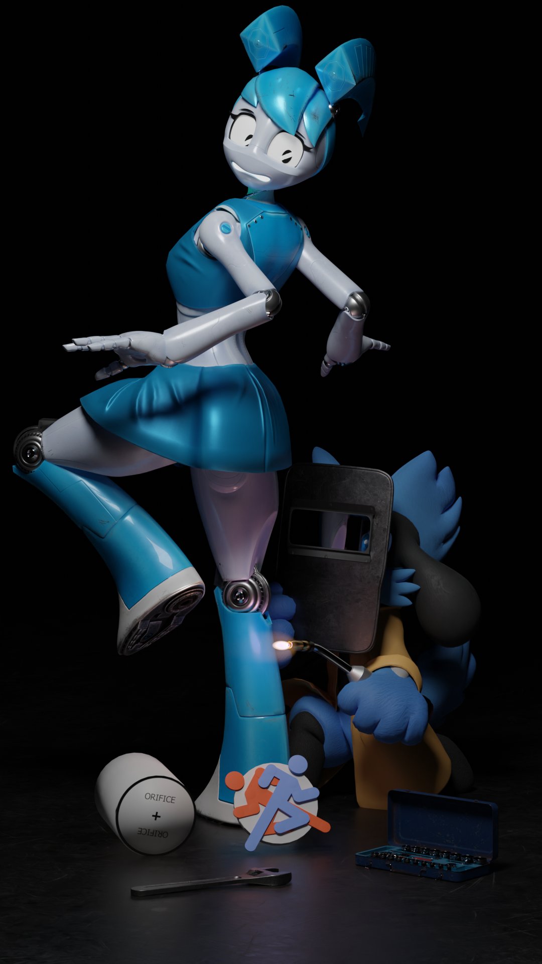 3d_(artwork) android anthro blender_(software) blender_cycles blowtorch blue_body blue_bottomwear blue_clothing blue_fur blue_skirt blue_topwear bottomwear canid canine clothed clothing digital_media_(artwork) duo face_shield female fur generation_4_pokemon hair hi_res humanoid jenny_wakeman machine male male/female mammal mask my_life_as_a_teenage_robot nickelodeon nintendo pokemon pokemon_(species) riolu riolukid riolukidd robot robot_humanoid simple_background skirt tools topwear vrchat warfare_machine worried worried_look