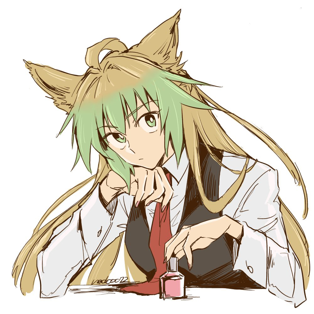 1girl ahoge animal_ears atalanta_(fate) bien_(pixiv_18619417) black_vest blonde_hair closed_mouth collared_shirt fate/apocrypha fate/grand_order fate_(series) gradient_hair green_eyes green_hair long_sleeves looking_at_viewer multicolored_hair necktie red_necktie shirt simple_background solo vest white_background white_shirt