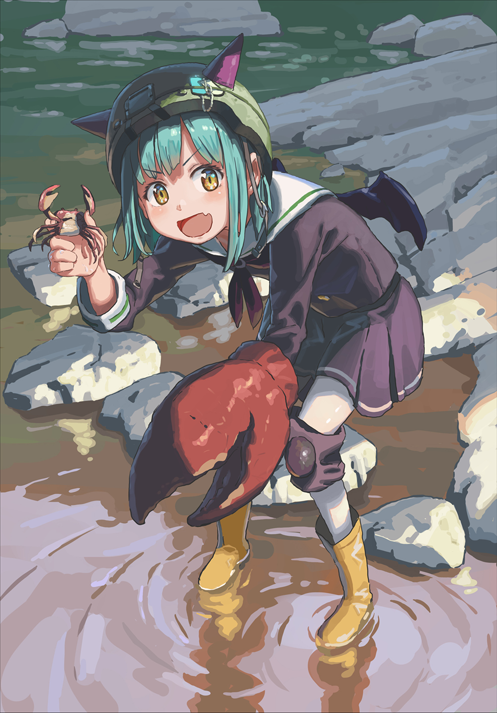 1girl :d animal black_serafuku black_shirt black_skirt blue_hair blush boots bungo_yayoi commentary_request crab crab_claw fake_horns fang full_body hand_up happy heaven_burns_red helmet highres holding holding_animal horns leaning_forward long_sleeves looking_at_viewer medium_hair miniskirt open_mouth outdoors ripples rubber_boots sailor_collar school_uniform serafuku shiboshibo shirt skin_fang skirt smile solo standing v-shaped_eyebrows water white_sailor_collar yellow_eyes yellow_footwear