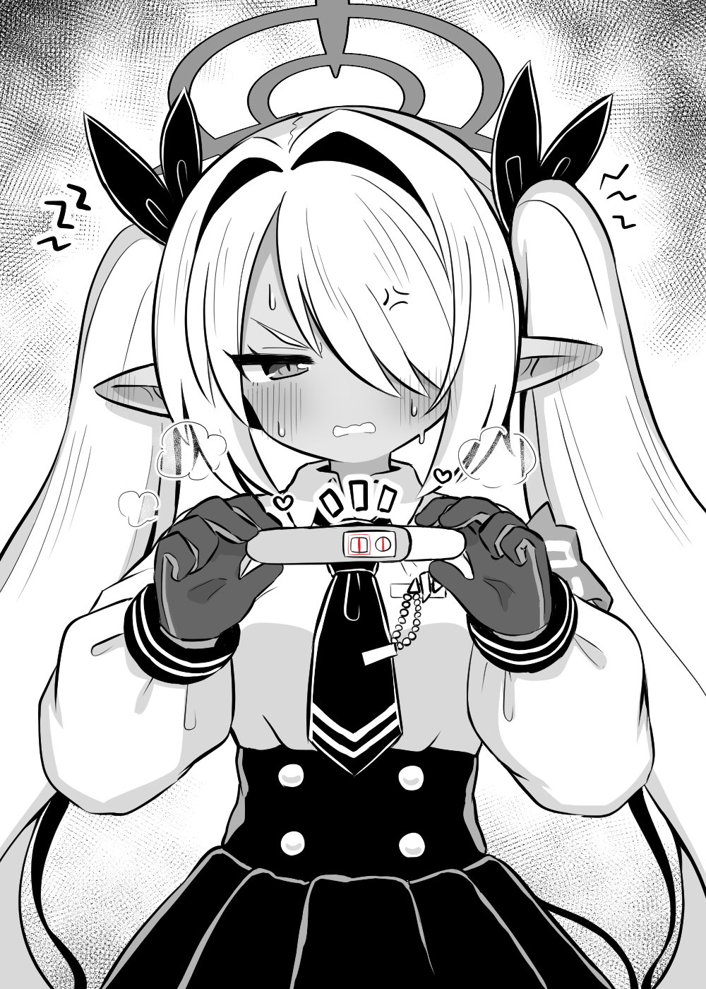 1girl anger_vein blue_archive blush breath collared_shirt commentary gloves greyscale hair_over_one_eye halo heart high-waist_skirt highres implied_pregnancy iori_(blue_archive) long_hair long_sleeves monochrome naga_u necktie parted_lips pointy_ears pregnancy_test puffy_long_sleeves puffy_sleeves shirt skirt solo spot_color sweat symbol-only_commentary twintails very_long_hair wavy_mouth