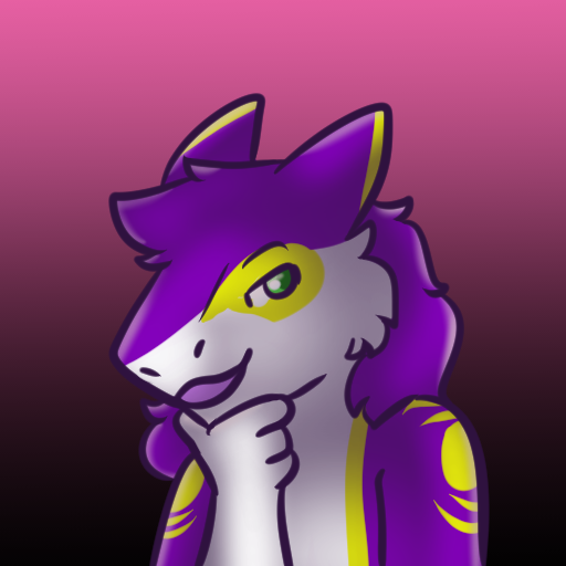 1:1 ambiguous_gender anthro arm_markings bust_portrait female_(lore) fur gradient_background green_eyes hand_on_chin looking_at_viewer markings mauve_(mauvedash) multicolored_body multicolored_fur open_mouth portrait purple_body purple_fur sergal shoulder_markings simple_background solo tagme toffee_creation white_body white_fur yellow_body yellow_fur