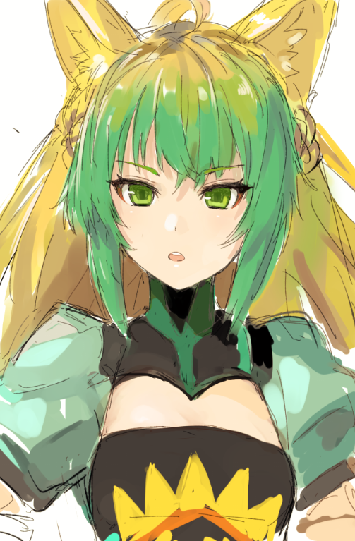 1girl ahoge animal_ears atalanta_(fate) blonde_hair cleavage_cutout clothing_cutout dress fate/apocrypha fate/grand_order fate_(series) gradient_hair green_dress green_eyes green_hair looking_at_viewer maido_mido multicolored_hair parted_lips simple_background sketch solo teeth upper_body upper_teeth_only white_background