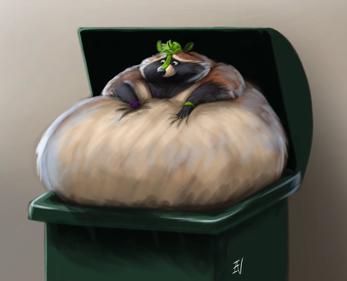 2023 anthro belly big_belly fur hand_on_stomach ian-exe ian_(ian-exe) male mammal morbidly_obese morbidly_obese_anthro morbidly_obese_male mouth_closed nude obese obese_anthro obese_male overweight overweight_anthro overweight_male procyonid raccoon signature solo stuck trash_can