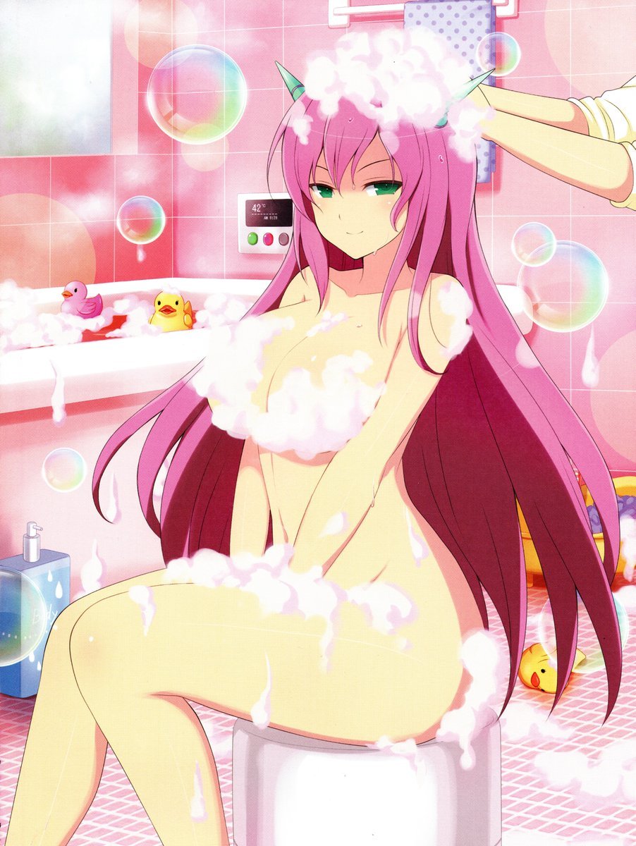 1girl bath bath_stool bathing bathroom bathtub blush body_blush breasts bubble bubble_bath cleavage closed_mouth collarbone completely_nude convenient_censoring curvy evil_grin evil_smile green_eyes green_horns grin hands_in_hair highres horns large_breasts linea_alba long_hair looking_at_viewer miki_(senran_kagura) naughty_face navel nude official_art on_stool pink_hair rubber_duck senran_kagura senran_kagura_new_wave shampoo shiny_skin sitting smile soap soap_bottle soap_bubbles soap_censor solo_focus steam stool thermostat tile_floor tile_wall tiles towel v-shaped_eyebrows washing washing_another washing_hair water wet wet_hair window yaegashi_nan
