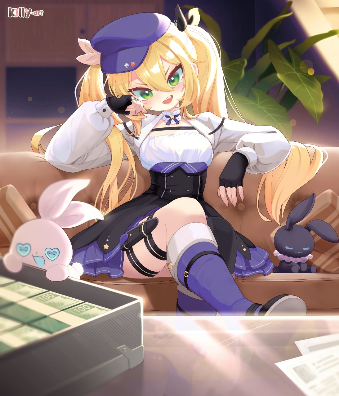 1girl angelica_(k3lly) artist_name black_dress black_gloves boots breasts commentary couch cropped_jacket dokibird_(vtuber) dress english_commentary fingerless_gloves foot_out_of_frame gloves green_eyes hair_between_eyes hat head_tilt highres indie_virtual_youtuber indoors jacket knee_boots layered_dress long_hair long_sleeves looking_at_viewer medium_breasts money on_couch open_clothes open_jacket open_mouth puffy_long_sleeves puffy_sleeves purple_footwear purple_headwear sitting smile solo table thigh_strap very_long_hair virtual_youtuber watermark white_jacket