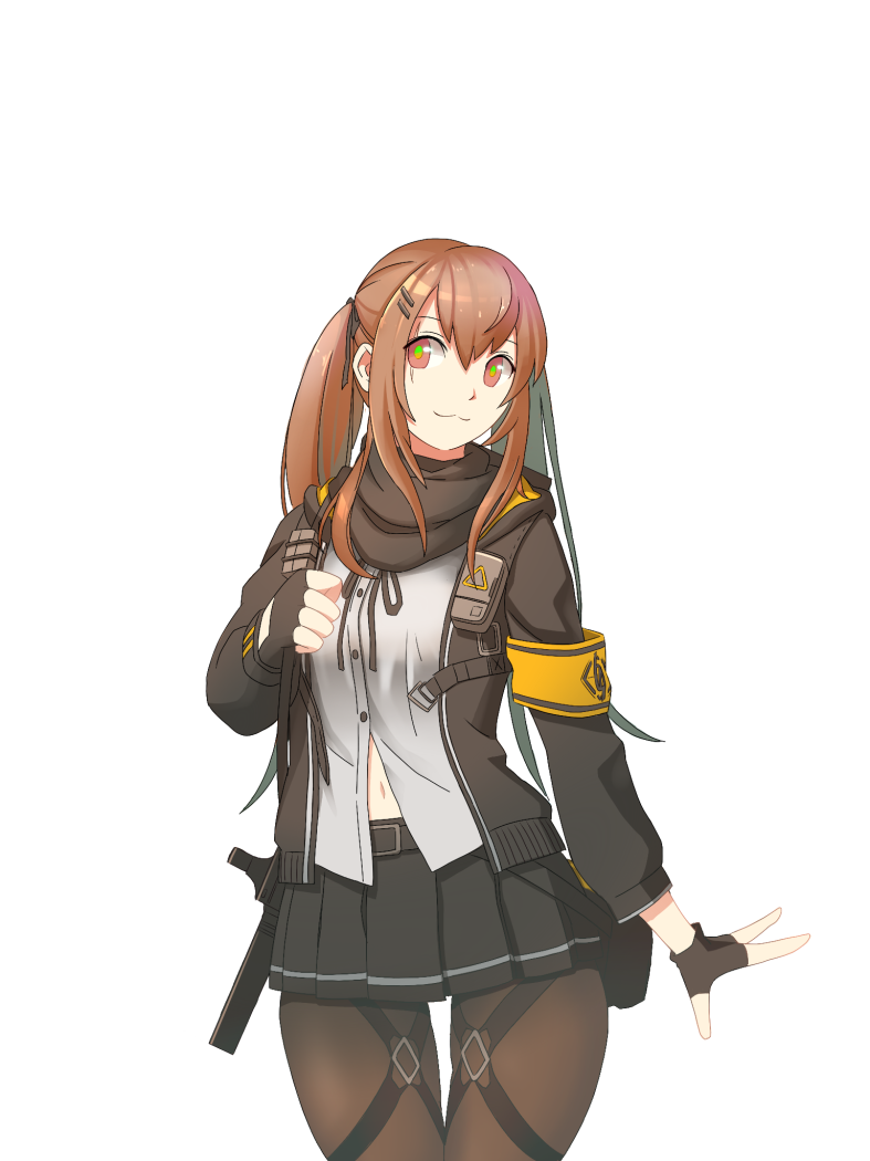 1girl :3 armband bangs black_jacket brown_eyes brown_hair closed_mouth fingerless_gloves girls'_frontline gloves gun h&amp;k_ump9 hair_between_eyes hair_ornament holding holding_gun holding_weapon hood hood_down hooded_jacket jacket looking_at_viewer navel open_clothes open_jacket open_shirt scar scar_across_eye simple_background solo tab_(tabkun) twintails ump9_(girls'_frontline) weapon white_background