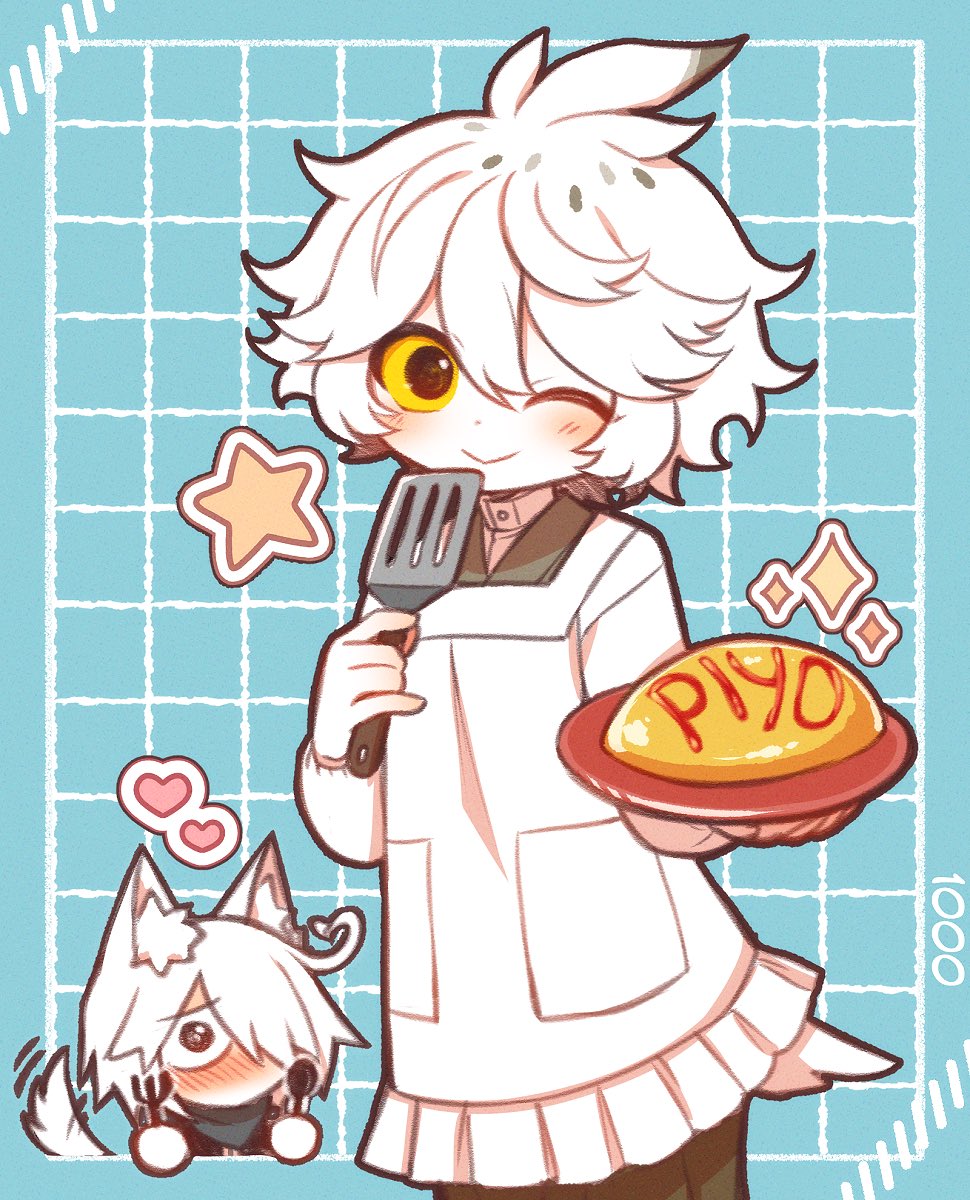 2boys ahoge animal_ear_fluff animal_ears apron bird_boy bird_tail black_eyes blue_background blue_scarf blush brown_outline chibi chibi_inset colored_sclera colored_skin english_commentary food fork full-face_blush funamusea green_shirt hair_between_eyes hair_over_one_eye heart highres holding holding_fork holding_plate holding_spatula holding_spoon ice_scream licowish light_blush male_focus messy_hair multiple_boys omelet omurice one_eye_closed plate pocket scarf shirogane_(ice_scream) shirt sidelocks solo_focus sparkle spatula spoon star_(symbol) tail tile_background watermark white_apron white_hair white_skin wolf_boy wolf_ears wolf_tail yellow_sclera yukisada