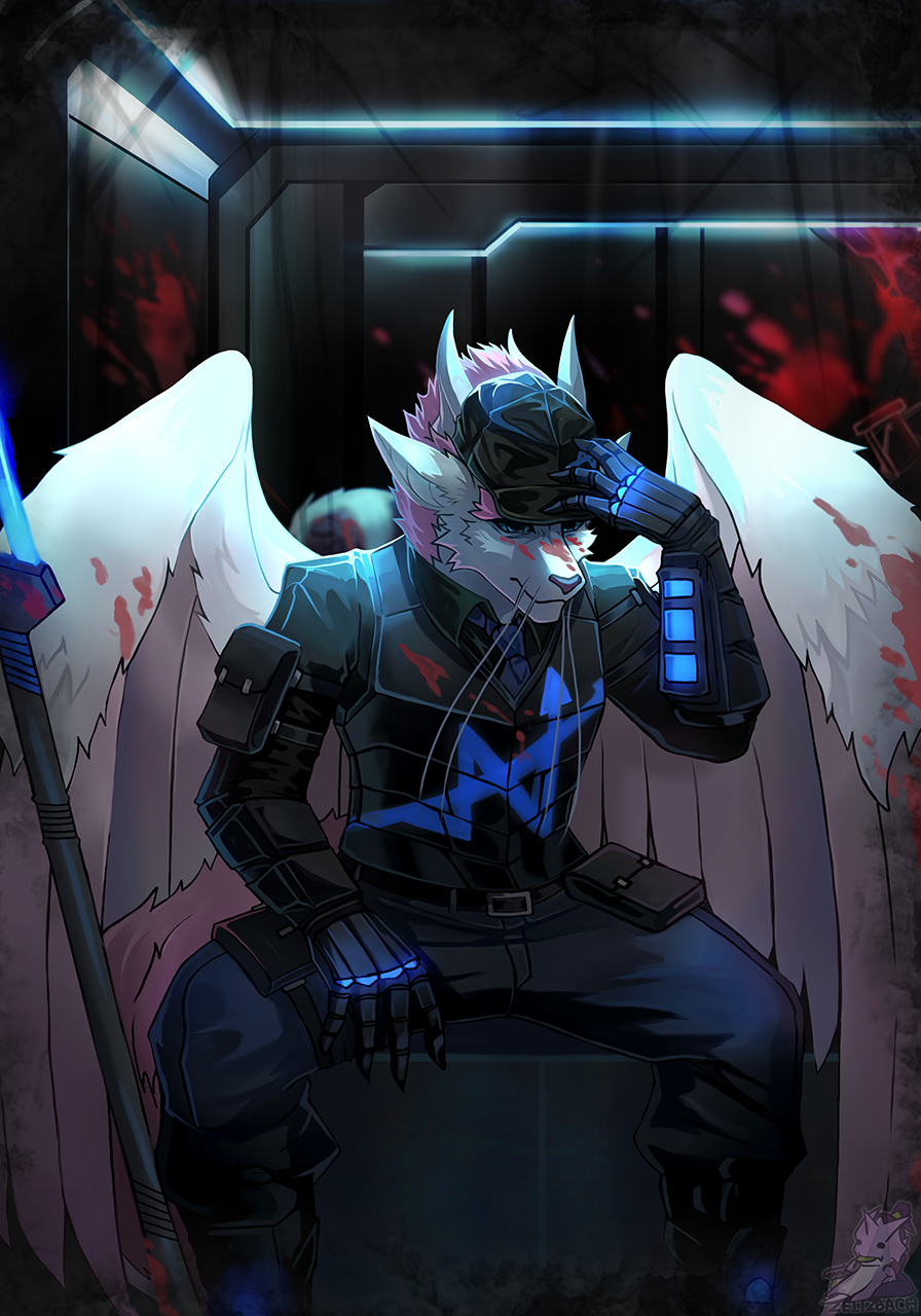 2022 ambiguous_gender anthro arm_pouch armor artist_logo belt belt_buckle belt_pouch black_clothing black_hat black_headwear blood blood_on_fur blood_on_weapon blood_on_wings blue_bottomwear blue_clothing blue_eyes blue_pants bodily_fluids bottomwear chair clothed clothing detailed detailed_background dragon fluorescent_light fully_clothed fully_clothed_anthro fur furniture furred_dragon gloved_hands gloves hair hand_on_hat hand_on_leg handwear hat headgear headwear hi_res horn inner_ear_fluff inside_train library_of_ruina logo looking_down on_chair pants pink_hair pink_tail project_moon shaded shaded_background shaded_face sitting sitting_on_chair solo spinel_(waveshine) tail tuft uniform warp_corporation weapon wearing_hat whiskers white_body white_ears white_fur white_horn white_inner_ear_fluff white_whiskers winged_dragon zeitzbach