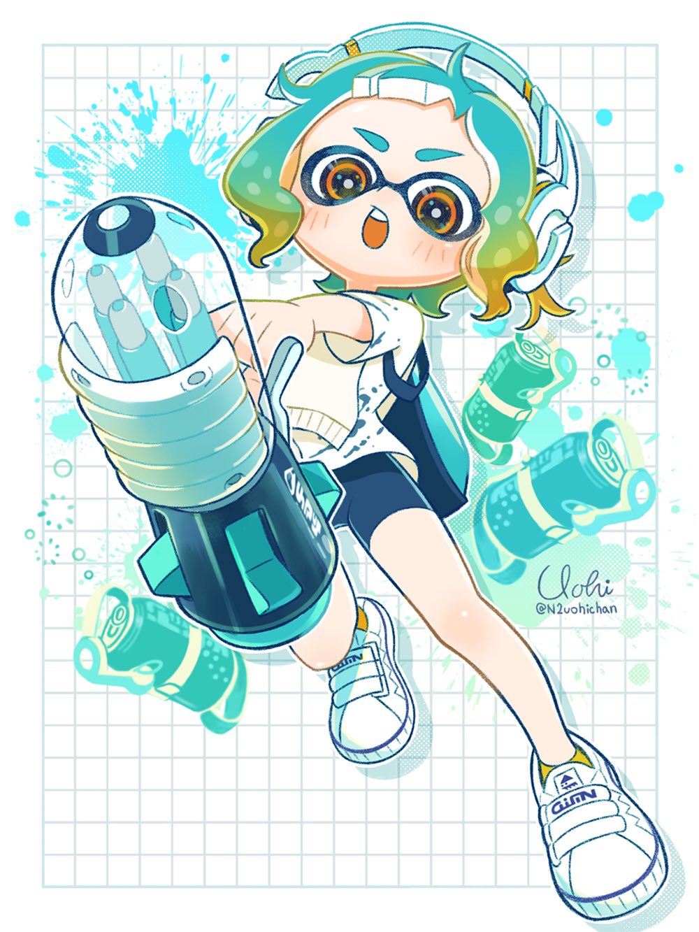 1boy artist_name ballpoint_splatling_(splatoon) bike_shorts blue_hair border commentary_request fizzy_bomb_(splatoon) full_body gradient_hair green_hair grid_background gun headphones highres holding holding_gun holding_weapon inkling_boy inkling_player_character multicolored_hair n2uohichan open_mouth orange_eyes outside_border paint paint_splatter pointy_ears shirt shoes short_hair simple_background solo splatoon_(series) splatoon_3 teeth tentacle_hair twitter_username two-tone_hair upper_teeth_only weapon white_background white_border white_footwear white_shirt