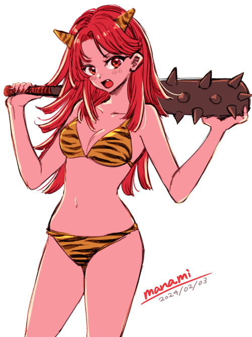 1girl animal_print artist_name bikini breasts cleavage club_(weapon) collarbone colored_skin commentary_request dated fang holding holding_club holding_weapon horns long_hair looking_at_viewer medium_breasts navel oni open_mouth original over_shoulder parted_bangs print_bikini red_eyes red_hair red_skin setsubun simple_background solo spiked_club standing stomach sugano_manami swimsuit tiger_print weapon weapon_over_shoulder white_background