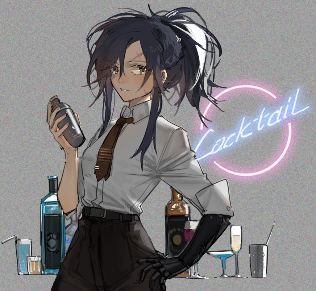 1girl alcohol angelia_(girls'_frontline) belt black_belt black_pants blue_hair blueblossom bottle brown_eyes brown_necktie champagne_flute cocktail_glass cocktail_shaker collared_shirt commentary cup dark_blue_hair drinking_glass english_commentary english_text girls'_frontline hand_on_own_hip high-waist_pants holding_shaker looking_at_viewer mechanical_arms necktie neon_sign pants ponytail scar scar_on_cheek scar_on_face scar_on_forehead shirt sidelocks simple_background single_mechanical_arm solo teeth tie_clip white_shirt