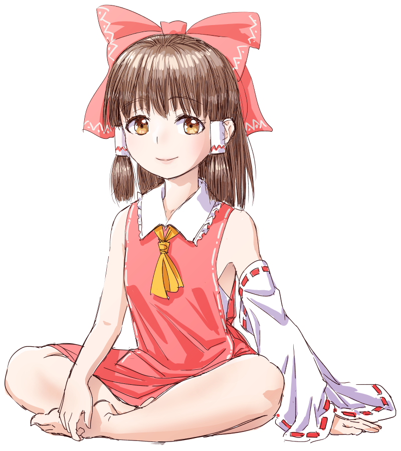 1girl arm_support ascot bare_legs bare_shoulders barefoot blunt_bangs bow breasts brown_eyes brown_hair closed_mouth commentary_request detached_sleeves dress frilled_shirt_collar frills full_body hair_bow hair_tubes hakurei_reimu indian_style light_blush light_smile lips long_hair looking_at_viewer red_bow red_dress s-a-murai simple_background sitting small_breasts solo tareme touhou white_background wide_sleeves yellow_ascot