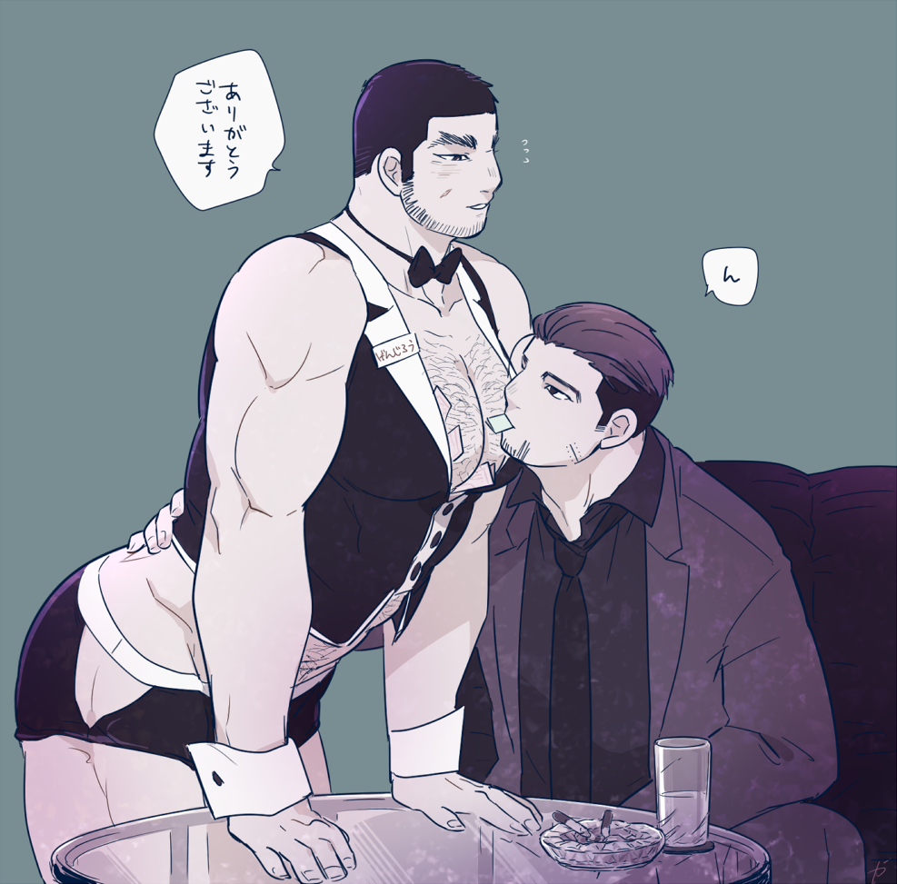 2boys alternate_costume bara bare_shoulders beard black_eyes black_hair black_shorts black_vest blush bow bowtie buzz_cut chest_hair cigarette_holder contemporary couch cropped_vest face_to_pecs facial_hair feet_out_of_frame golden_kamuy hair_slicked_back hair_strand hand_on_another's_back hip_vent kaniharu large_pectorals leaning_forward long_sideburns male_focus mature_male money money_tuck mouth_hold multiple_boys muscular muscular_male navel_hair necktie ogata_hyakunosuke on_couch pectoral_cleavage pectorals salaryman scar scar_on_cheek scar_on_face short_hair short_shorts shorts sideburns sleeveless stubble tanigaki_genjirou thick_eyebrows thick_thighs thighs translated undercut very_short_hair vest waiter wrist_cuffs yaoi