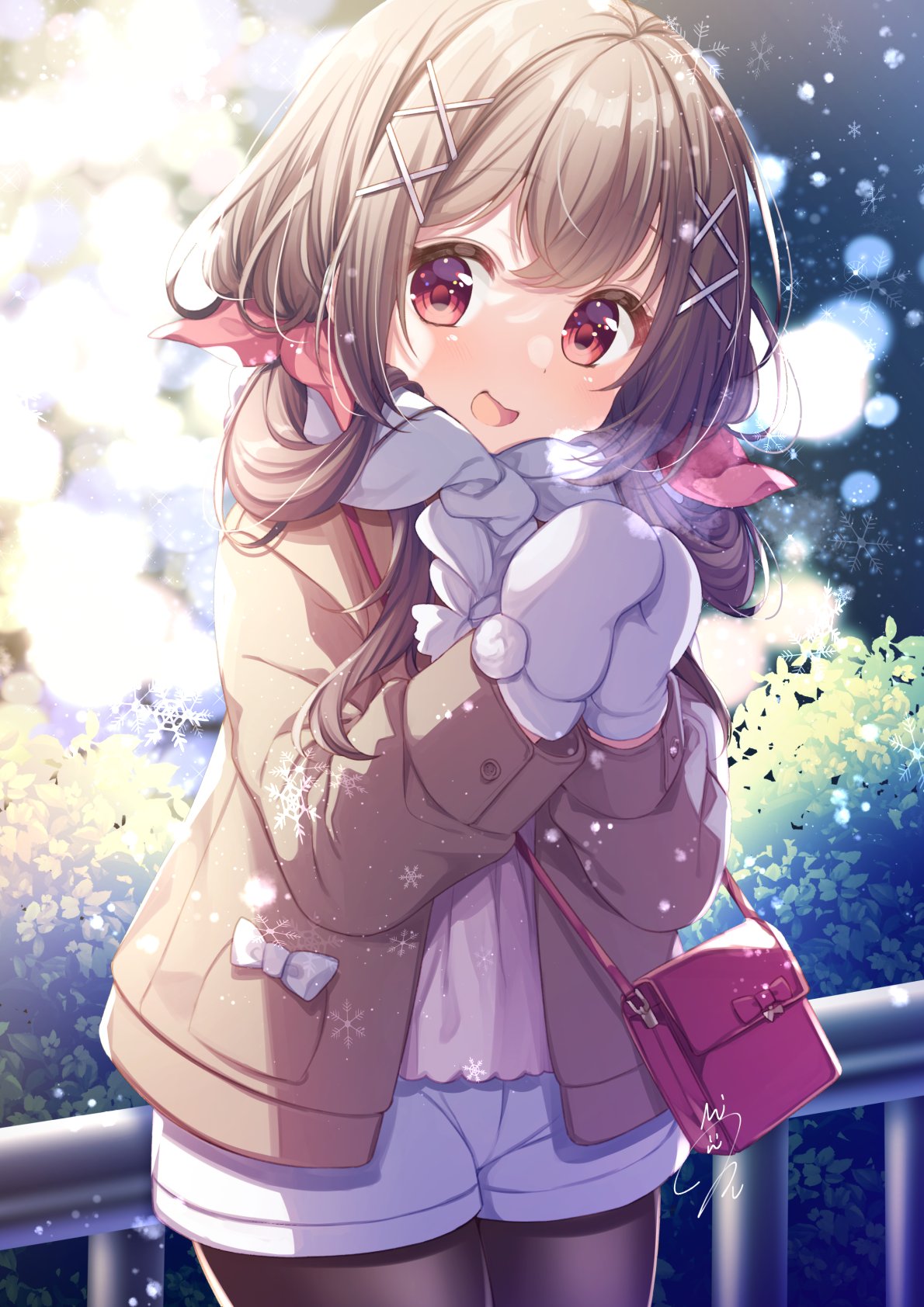 1girl bag blurry blurry_background blush brown_hair casual coat commentary_request hair_ornament heavy_breathing highres kisukekun long_hair mittens open_mouth original own_hands_together pantyhose red_eyes scarf solo winter_clothes winter_coat x_hair_ornament