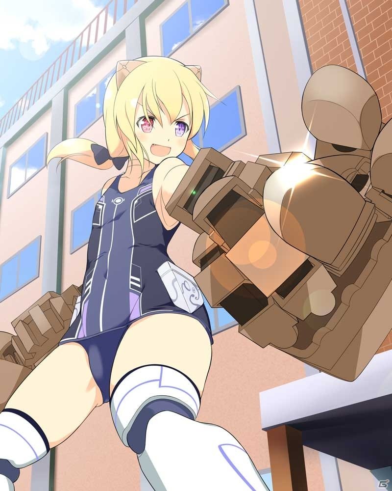 1girl android ass_visible_through_thighs black_bow blonde_hair blue_one-piece_swimsuit blue_sky blush bow breasts brick brick_wall building cloud day doll_joints giant_fist hair_bow heterochromia humanoid_robot joints muramasa_(senran_kagura) official_art one-piece_swimsuit open_mouth outdoors ponytail power_fist purple_eyes railing red_eyes robot robot_girl robot_joints school senran_kagura senran_kagura_new_wave short_hair sky smile solo sparkle standing swimsuit symbol-shaped_pupils thighhighs white_thighhighs window yaegashi_nan