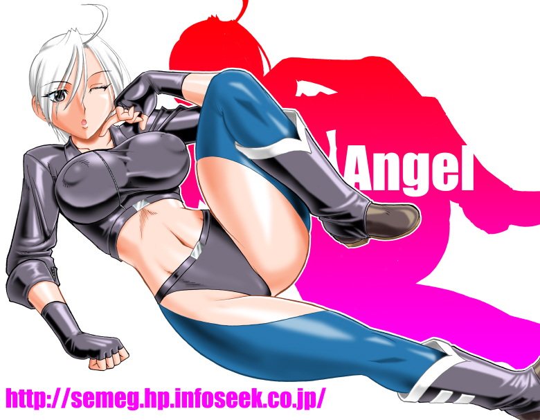 1girl angel_(kof) antenna_hair bad_source boots breasts chaps cleavage covered_nipples crop_top cropped_jacket english_text fingerless_gloves gloves grey_eyes hair_over_one_eye hand_on_floor hand_on_own_face jacket large_breasts leather leather_jacket leg_lift looking_at_viewer lying midriff mokkouyou_bond navel on_side one_eye_closed panties shiny_skin short_hair silhouette smile snk solo the_king_of_fighters underwear white_hair