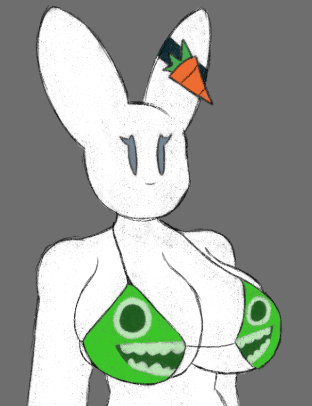 accessory anthro big_breasts bikini breasts bulging_breasts cari_(probablydemo) carrot clothing demonic7340 ear_accessory ears_up eyelashes female food fur garten_of_banban green_bikini green_clothing green_swimwear grey_background huge_breasts jumbo_josh lagomorph leporid mammal mouthless plant rabbit simple_background simple_eyes simple_face solo swimwear vegetable white_body white_ears white_fur