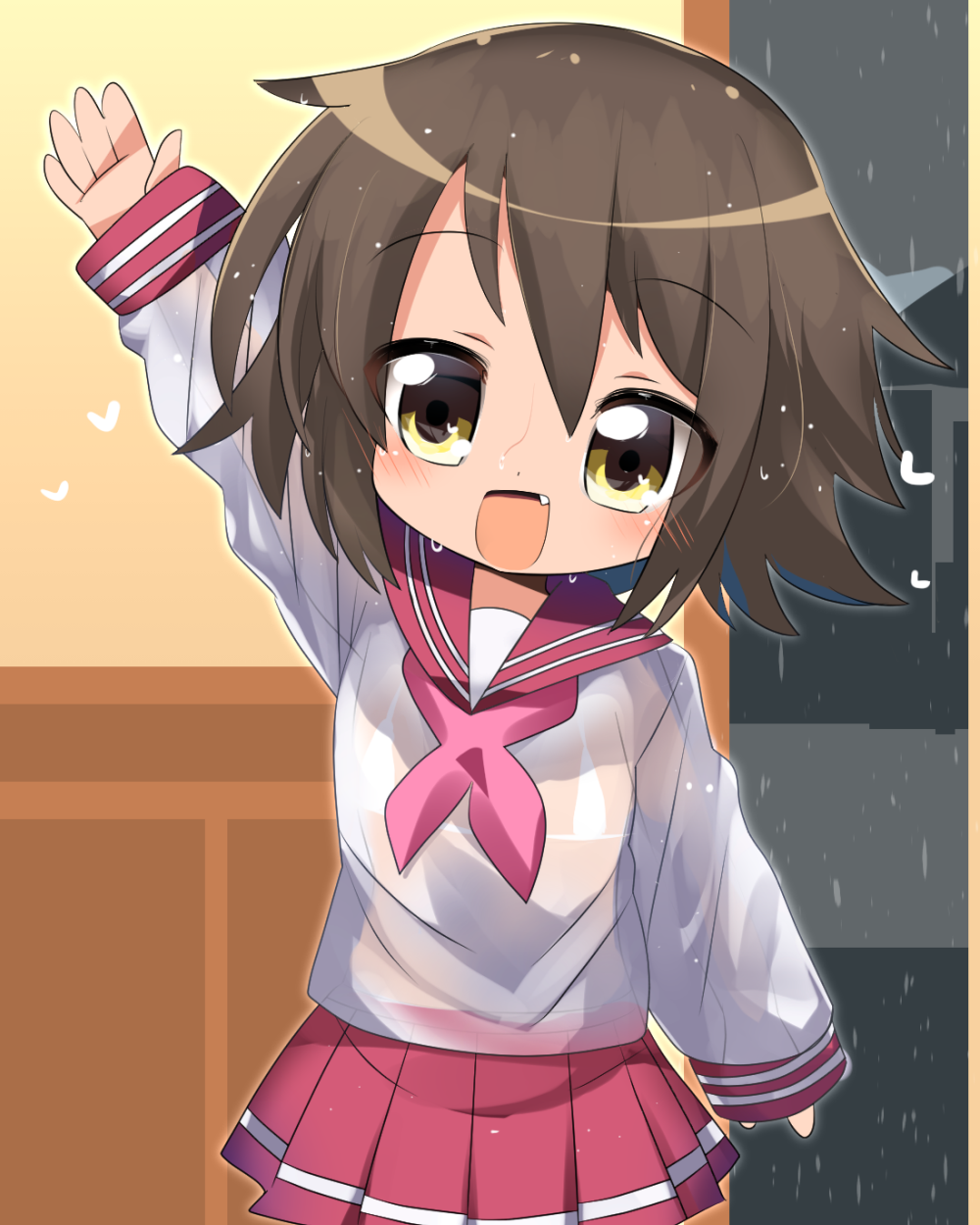1girl :d arm_up blush bra brown_hair commentary_request cowboy_shot fang flat_chest highres indoors kusakabe_misao lets0020 looking_at_viewer lucky_star medium_bangs neckerchief open_mouth pink_neckerchief pink_sailor_collar pink_skirt pleated_skirt rain sailor_collar school_uniform see-through see-through_shirt serafuku shirt short_hair skirt smile solo underwear waving wet wet_clothes wet_shirt white_bra white_shirt yellow_eyes