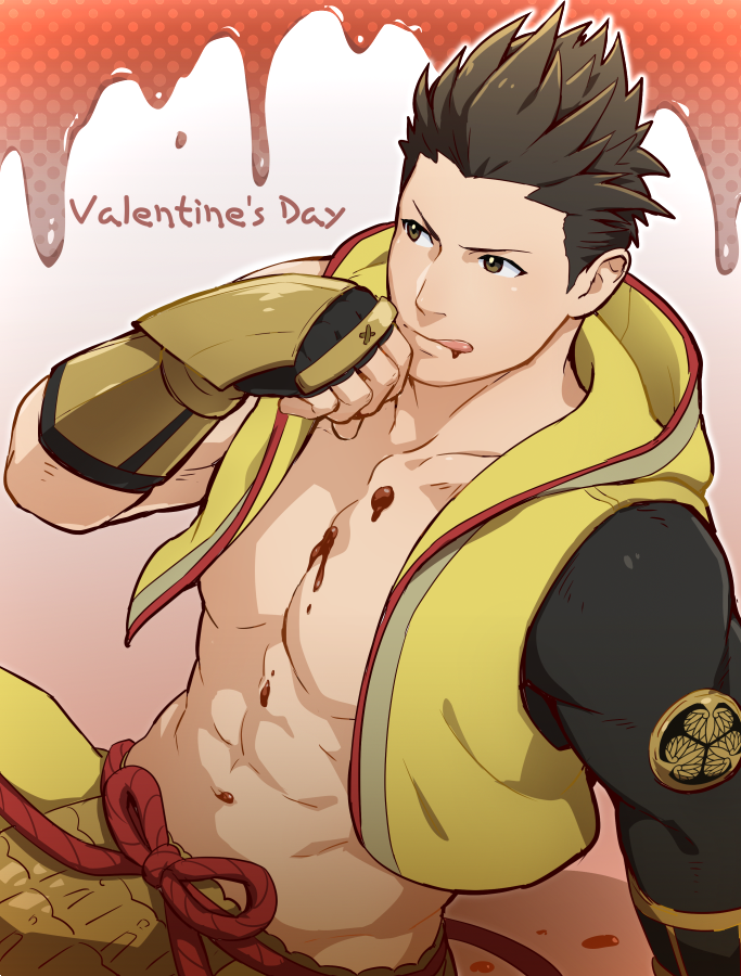 1boy abs armor bara black_gloves brown_eyes chocolate chocolate_on_body chocolate_on_face english_text fingerless_gloves food food_on_body food_on_face gloves japanese_armor jigoku_meguri kusazuri large_pectorals male_focus muscular muscular_male navel open_clothes pants pectorals sengoku_basara solo tokugawa_ieyasu_(sengoku_basara) tongue tongue_out valentine yellow_pants