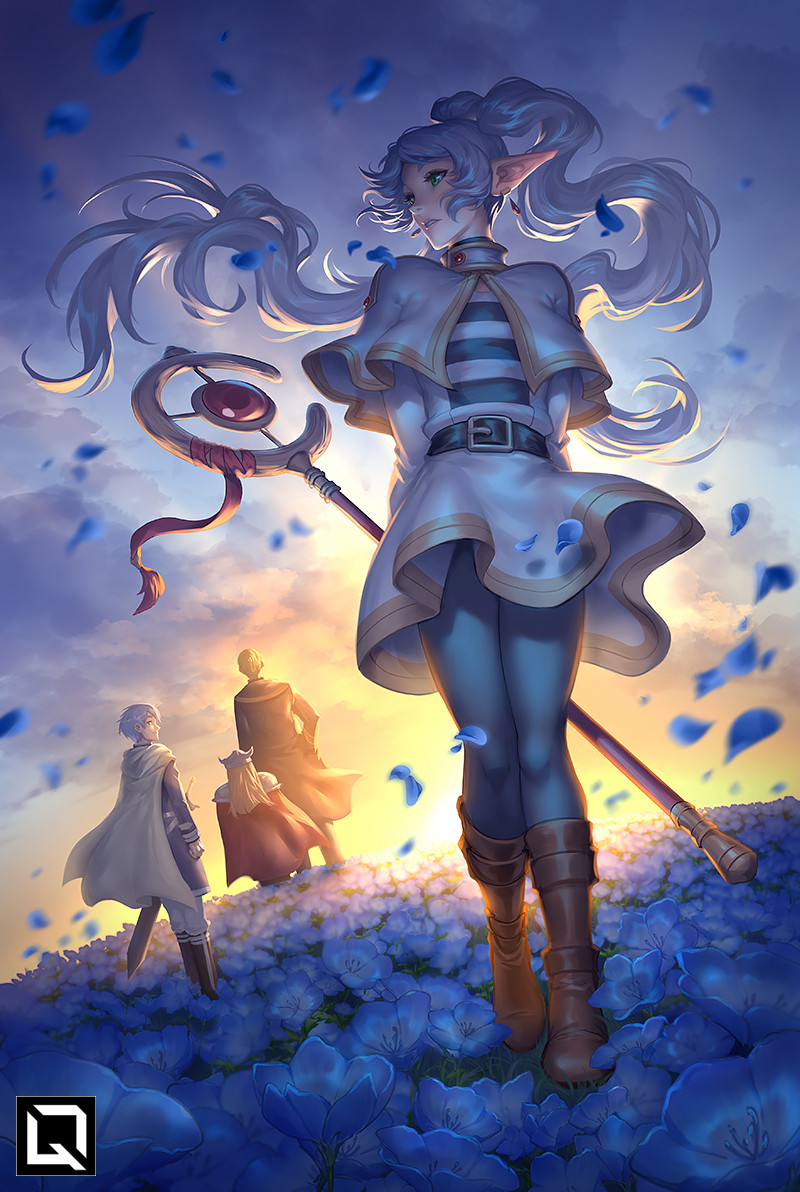 1girl 3boys arms_behind_back belt belt_buckle blonde_hair blue_flower blue_hair boots brown_footwear buckle cape cloud cloudy_sky commentary dwarf earrings eisen_(sousou_no_frieren) elf english_commentary evening flower frieren grass green_eyes heiter himmel_(sousou_no_frieren) holding holding_staff hood hooded_cape jewelry kuroi-tsuki long_hair long_sleeves looking_at_another looking_back multiple_boys pantyhose parted_lips petals pointy_ears shadow sheath sheathed short_hair sky sousou_no_frieren staff sunset twintails white_cape white_hair wind
