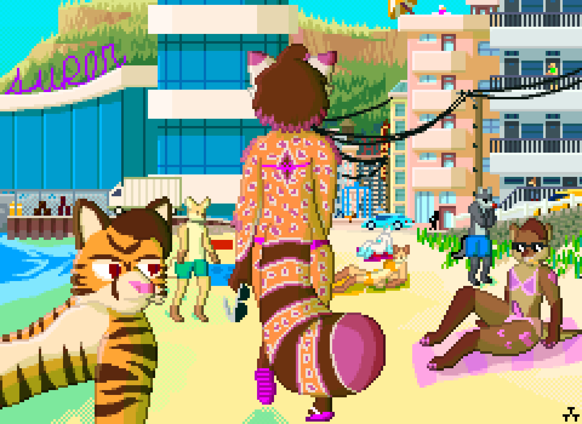 ailurid ambiguous_species anthro beach bikini clothing erection felid flippers girly hi_res hrelterskrelter male mammal mustelid otter pantherine red_panda seaside solo swimwear tiger