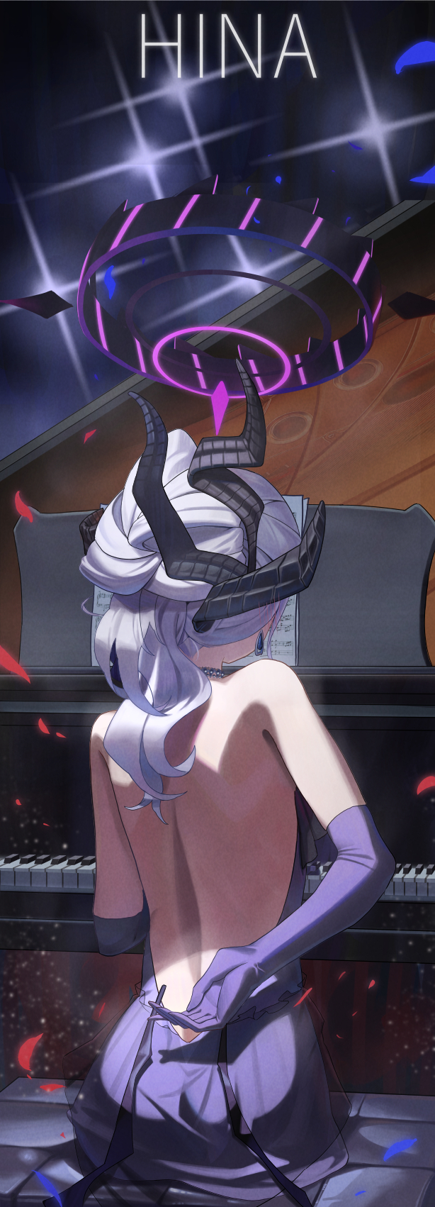 1girl arm_behind_back back backless_dress backless_outfit bare_back bare_shoulders blue_archive character_name demon_horns demon_wings dress elbow_gloves from_behind gloves grand_piano grey_hair halo highres hina_(blue_archive) hina_(dress)_(blue_archive) horns instrument median_furrow ne.corn official_alternate_costume piano purple_dress purple_gloves sheet_music sitting solo wings