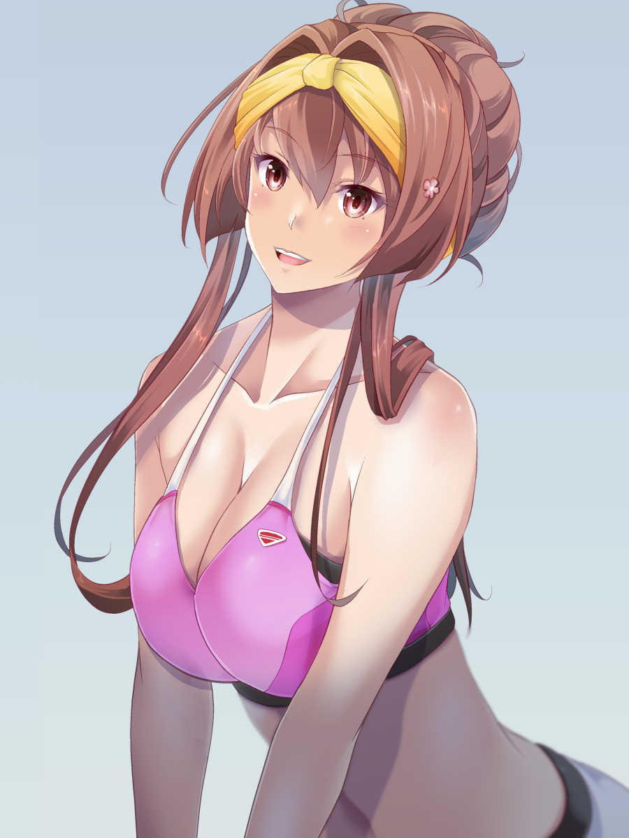 1girl :d alternate_costume alternate_hairstyle breasts brown_eyes brown_hair cherry_blossoms cleavage collarbone commentary flower hair_between_eyes hair_bun hair_flower hair_ornament hairband highres kantai_collection large_breasts long_hair looking_at_viewer map_(blue_catty) pink_sports_bra ponytail simple_background smile solo sports_bra symbol-only_commentary teeth upper_teeth_only yamato_(kancolle) yellow_hairband