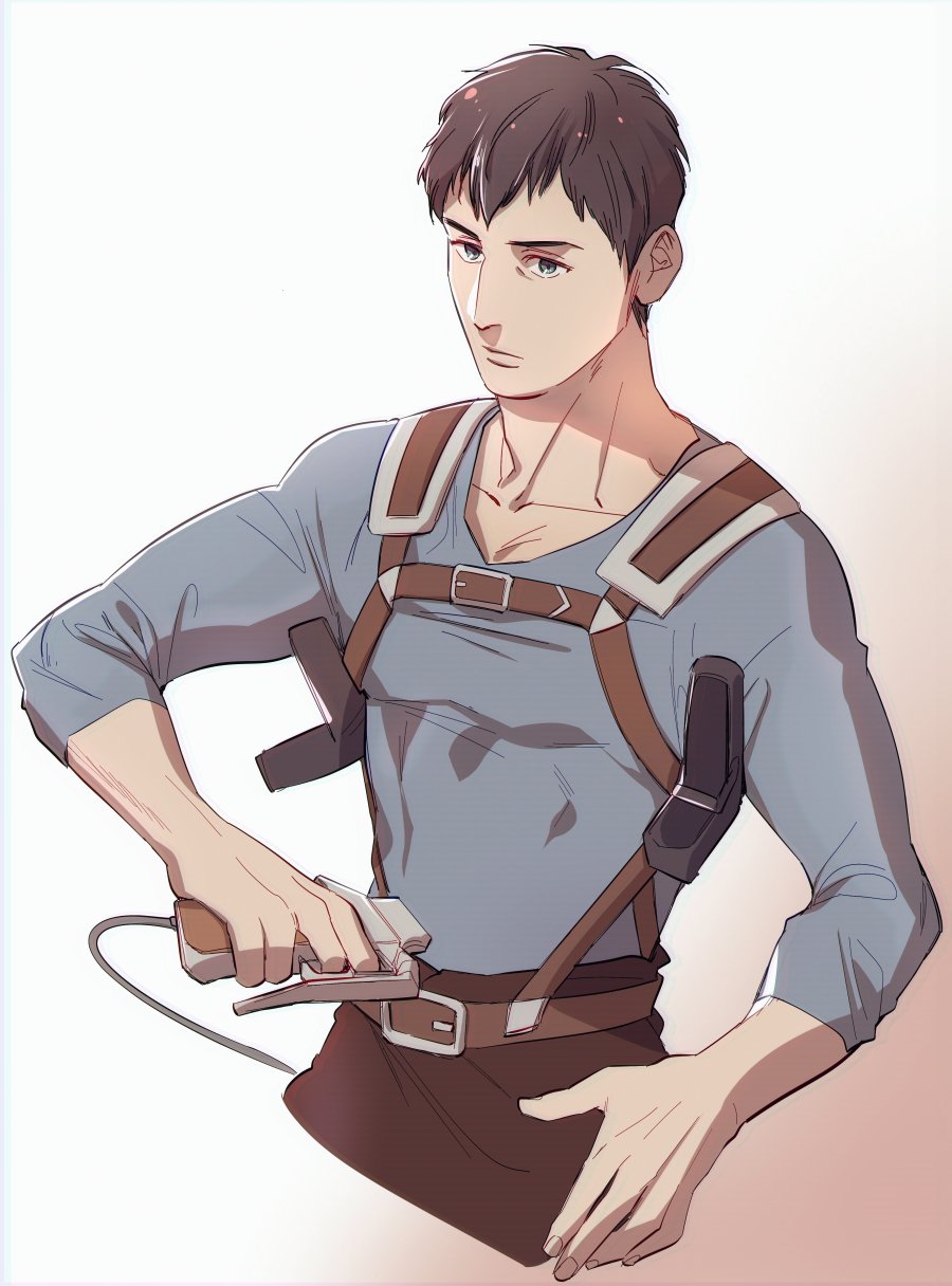 1boy aquiline_nose belt bertolt_hoover blue_shirt brown_belt brown_hair brown_pants closed_mouth collarbone cropped_legs fingernails grey_eyes halorane highres korean_commentary looking_at_viewer male_focus pants shingeki_no_kyojin shirt short_hair sleeves_past_elbows solo three-dimensional_maneuver_gear toned toned_male white_background