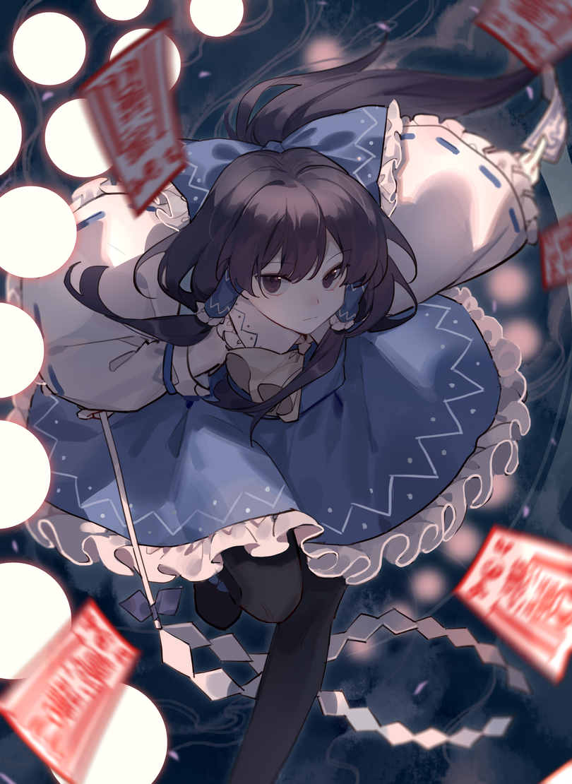 1girl alternate_color ascot black_thighhighs blue_bow blue_skirt bow brown_eyes brown_hair closed_mouth commentary_request detached_sleeves duomao energy_ball expressionless frilled_bow frilled_hair_tubes frills gohei hair_bow hair_tubes hakurei_reimu holding holding_gohei leg_up long_hair looking_at_viewer ofuda ribbon-trimmed_sleeves ribbon_trim skirt solo thighhighs touhou yellow_ascot
