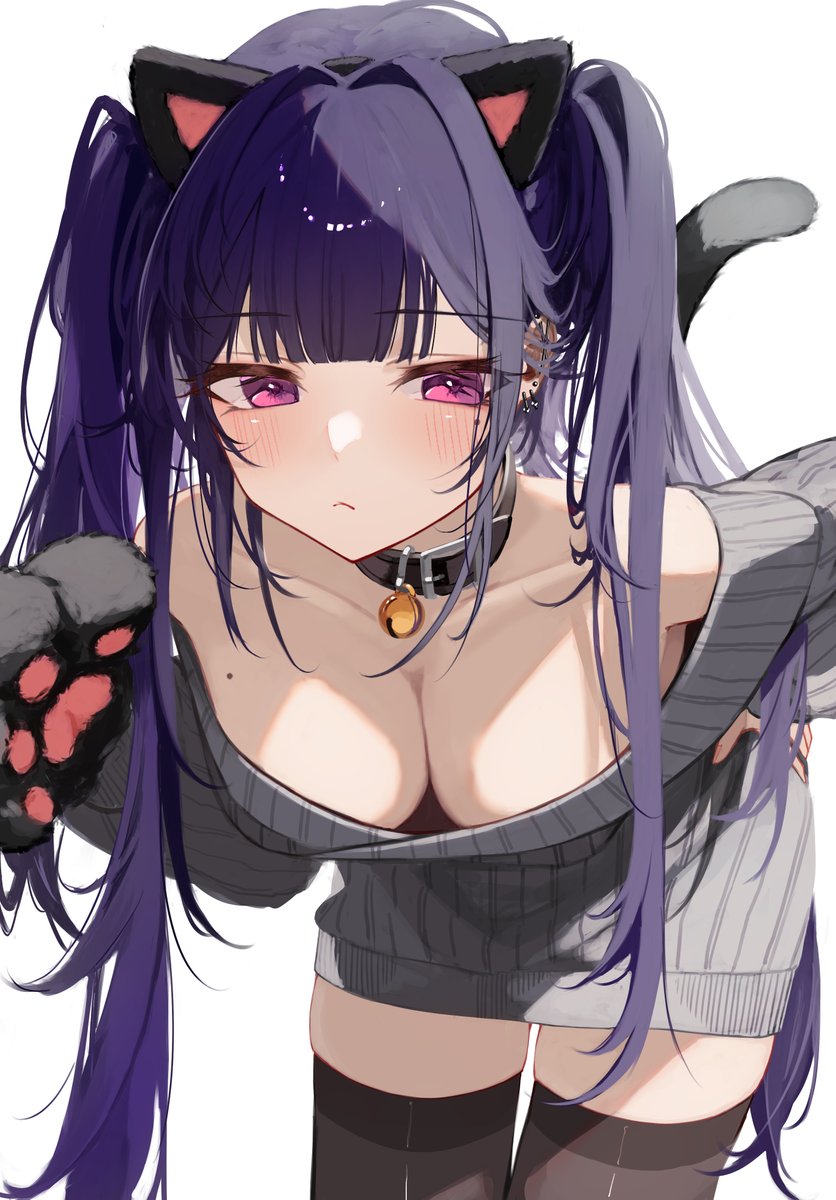 1girl :&lt; animal_ears animal_hands bare_shoulders bell bent_over black_collar black_gloves black_hairband blush brown_thighhighs cat_ears cat_tail closed_mouth collar collarbone commentary_request earrings fake_animal_ears gloves grey_sweater hairband highres jewelry jingle_bell long_hair looking_at_viewer mayogii neck_bell off-shoulder_sweater off_shoulder original paw_gloves purple_eyes purple_hair ribbed_sweater simple_background solo sweater tail thighhighs twintails very_long_hair white_background