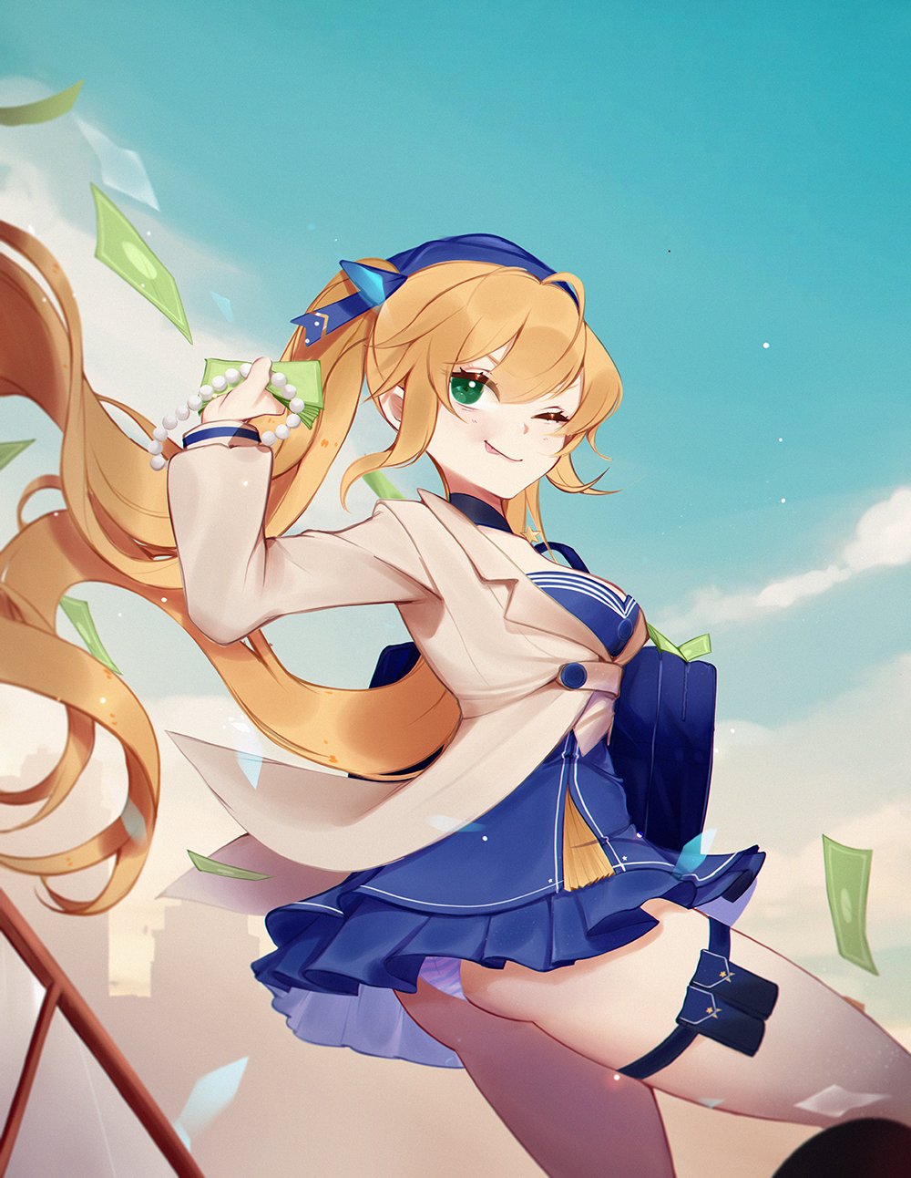 1girl :p anntan blonde_hair blue_dress blue_headwear blue_sky dokibird_(vtuber) dress floating_hair green_eyes highres holding holding_jewelry holding_necklace indie_virtual_youtuber jacket jewelry long_hair long_sleeves looking_at_viewer money necklace one_eye_closed panties short_dress sky solo thigh_strap tongue tongue_out twintails underwear virtual_youtuber white_jacket