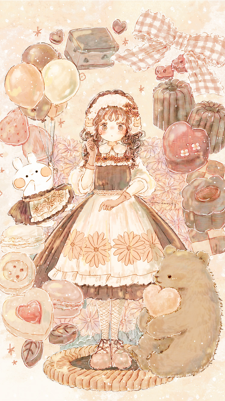 1girl animal_print apron balloon bear_print blush blush_stickers brown_bear brown_dress brown_footwear brown_hair brown_ribbon brown_skirt candy checkerboard_cookie chocolate closed_mouth collared_shirt cookie curly_hair dress eyelashes floral_print flower food full_body gingham hairband heart heart-shaped_chocolate highres holding holding_balloon holding_stuffed_toy hugging_object looking_at_viewer momochy original oversized_food oversized_object pastry peter_pan_collar pinafore_dress pink_background pink_flower print_hairband pudding ribbon shirt shoes signature skirt sleeveless sleeveless_dress sleeves_past_elbows smile solo standing stuffed_toy waist_apron white_apron white_hairband white_rabbit_(animal) white_ribbon white_shirt