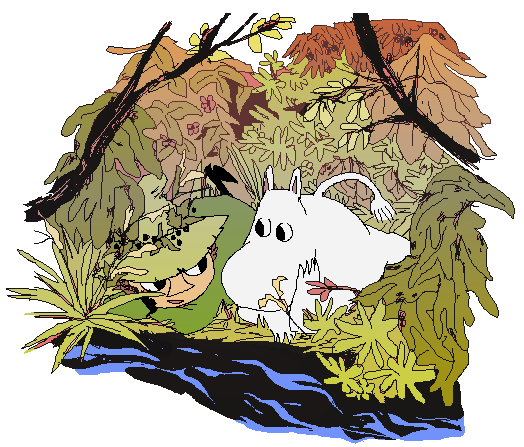 2015 2n2n anthro clothing dialogue digital_media_(artwork) duo eyes_closed grass green_clothing green_hat green_headwear green_robe hat headgear headwear human lying male mammal moomin moomintroll nature on_front pixel_(artwork) plant river robe snufkin the_moomins tree white_body