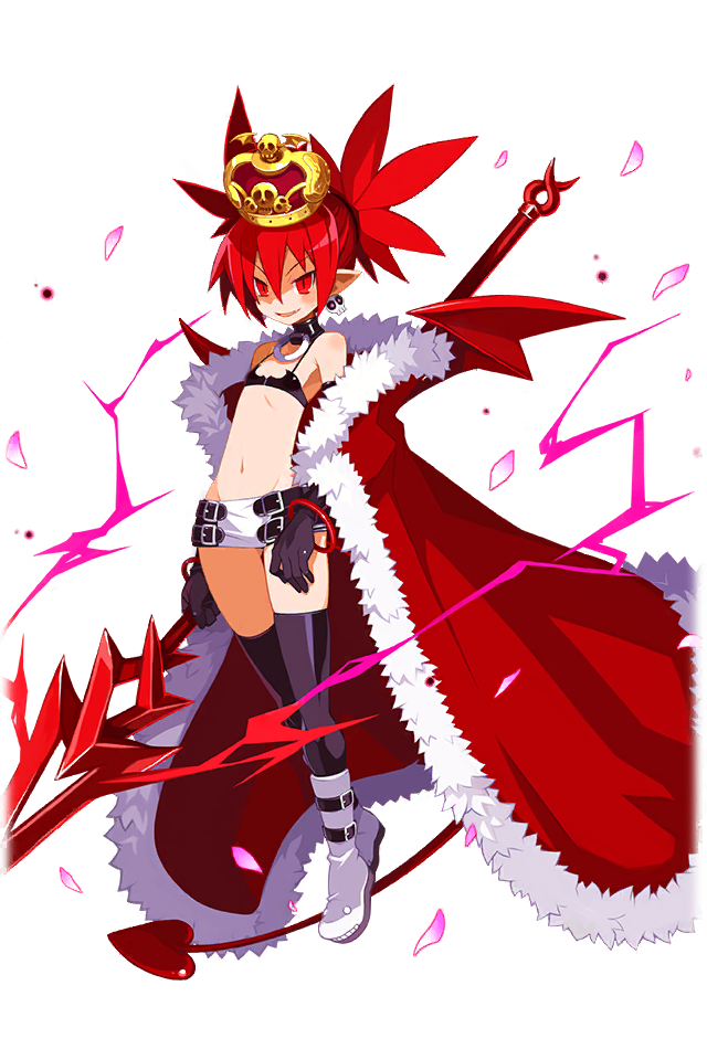 1girl cape choker crown demon_girl demon_tail demon_wings disgaea disgaea_rpg earrings elbow_gloves etna_(disgaea) flat_chest gloves hair_between_eyes holding holding_weapon jewelry looking_at_viewer mini_wings navel o-ring o-ring_choker official_art pointy_ears red_eyes red_hair red_tail red_wings skirt skull_earrings smile solo tail thighhighs transparent_background twintails weapon wings