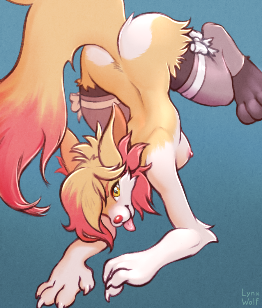 all_fours anthro ass_up blonde_hair braixen breasts butt clothed clothing female fluffy fluffy_tail fur generation_6_pokemon hair hair_over_eye leg_bow legwear lynxwolf lynxwolf2 mostly_nude nintendo nipples one_eye_obstructed pokemon pokemon_(species) red_nose small_breasts solo tail thigh_highs tongue tongue_out topless yellow_body yellow_fur