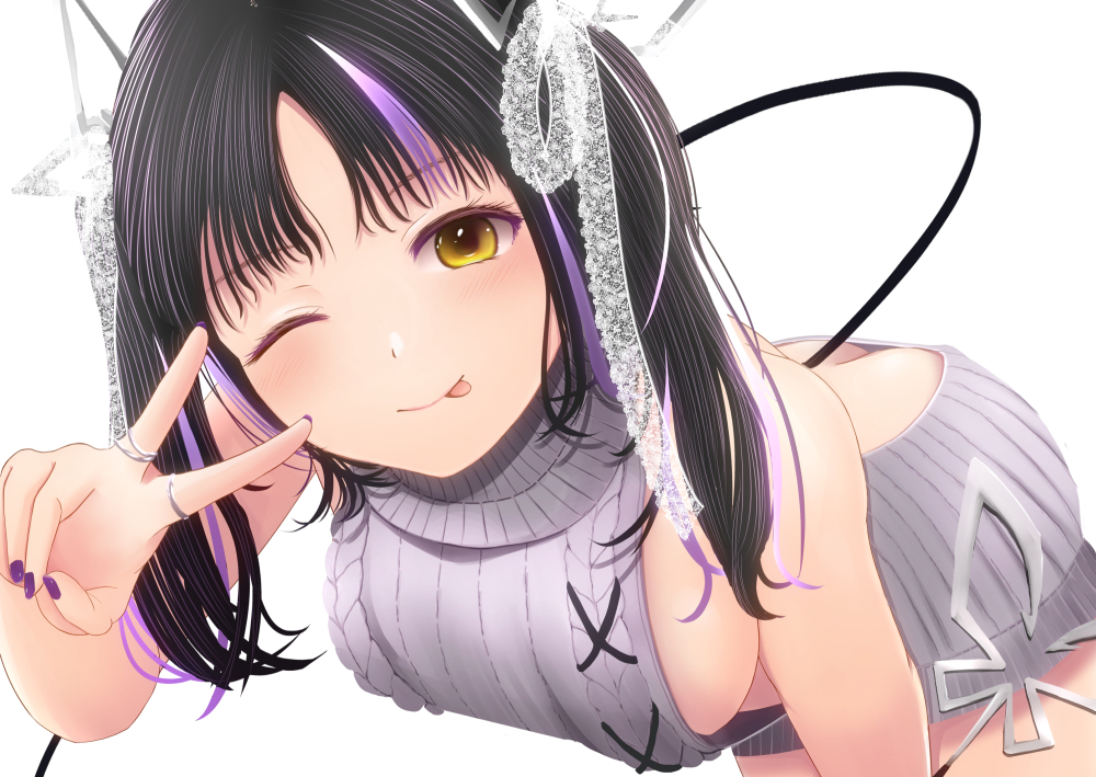 1girl ;p aran_sweater black_hair blush breasts butt_crack cable_knit closed_mouth commentary_request cowboy_shot dc24v demon_girl demon_tail dress grey_sweater hair_ribbon kojo_anna kojo_anna_(3rd_costume) lace leaning_forward long_hair looking_at_viewer medium_bangs medium_breasts meme_attire multicolored_hair nanashi_inc. one_eye_closed purple_hair purple_nails ribbed_sweater ribbon sideboob simple_background sleeveless sleeveless_sweater smile solo sweater sweater_dress tail tongue tongue_out turtleneck turtleneck_sweater twintails two-tone_hair v_over_eye virgin_killer_sweater virtual_youtuber white_background white_ribbon yellow_eyes