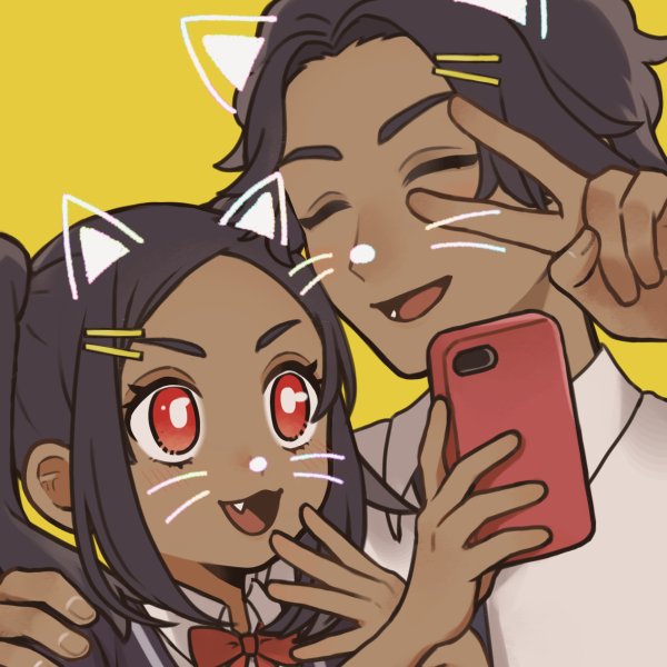 1boy 1girl black_hair brother_and_sister cellphone closed_eyes dark-skinned_female dark-skinned_male dark_skin drawn_ears drawn_nose drawn_whiskers face_filter fang fire_emblem fire_emblem_engage fogado_(fire_emblem) holding holding_phone looking_at_phone open_mouth phone red_eyes shirt siblings side_ponytail smartphone timerra_(fire_emblem) uh_ahk v white_shirt yellow_background