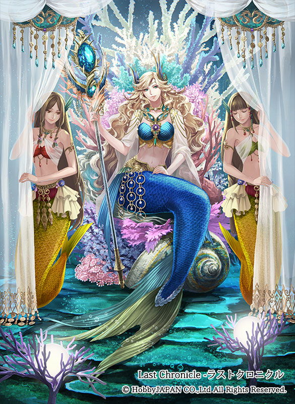 3girls blonde_hair brown_hair closed_eyes copyright_notice coral curtain_grab curtains fins head_fins hinata_gureko holding holding_staff last_chronicle long_hair mermaid monster_girl multiple_girls navel official_art sitting staff underwater